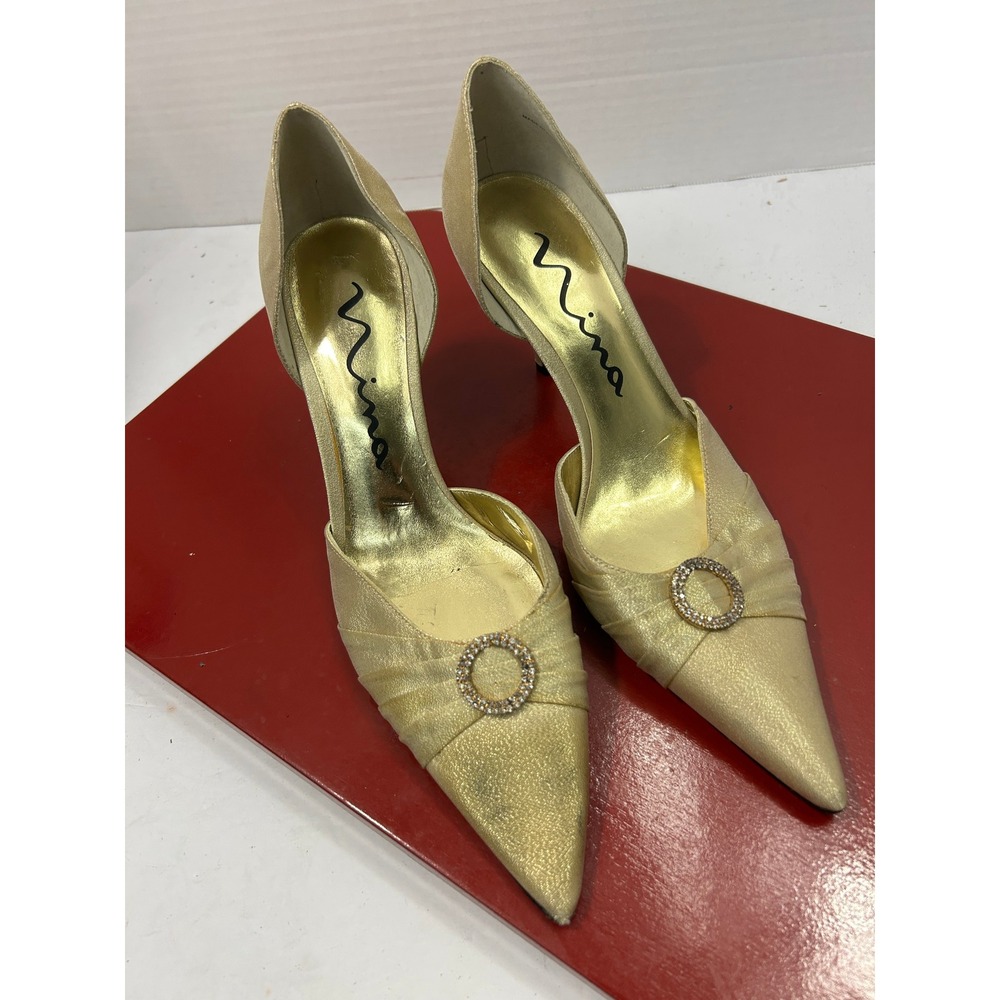 Nina Rhinestone Buckle d'Orsay Pumps 9 Gold Pleated Pointed Toe Glam Evening Wed